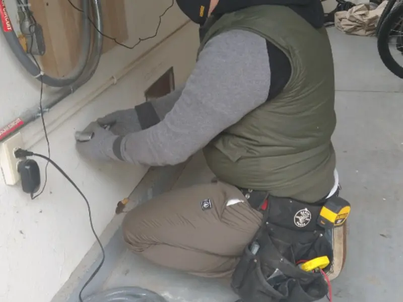 Electrician performing outlet wiring in a Gaines garage